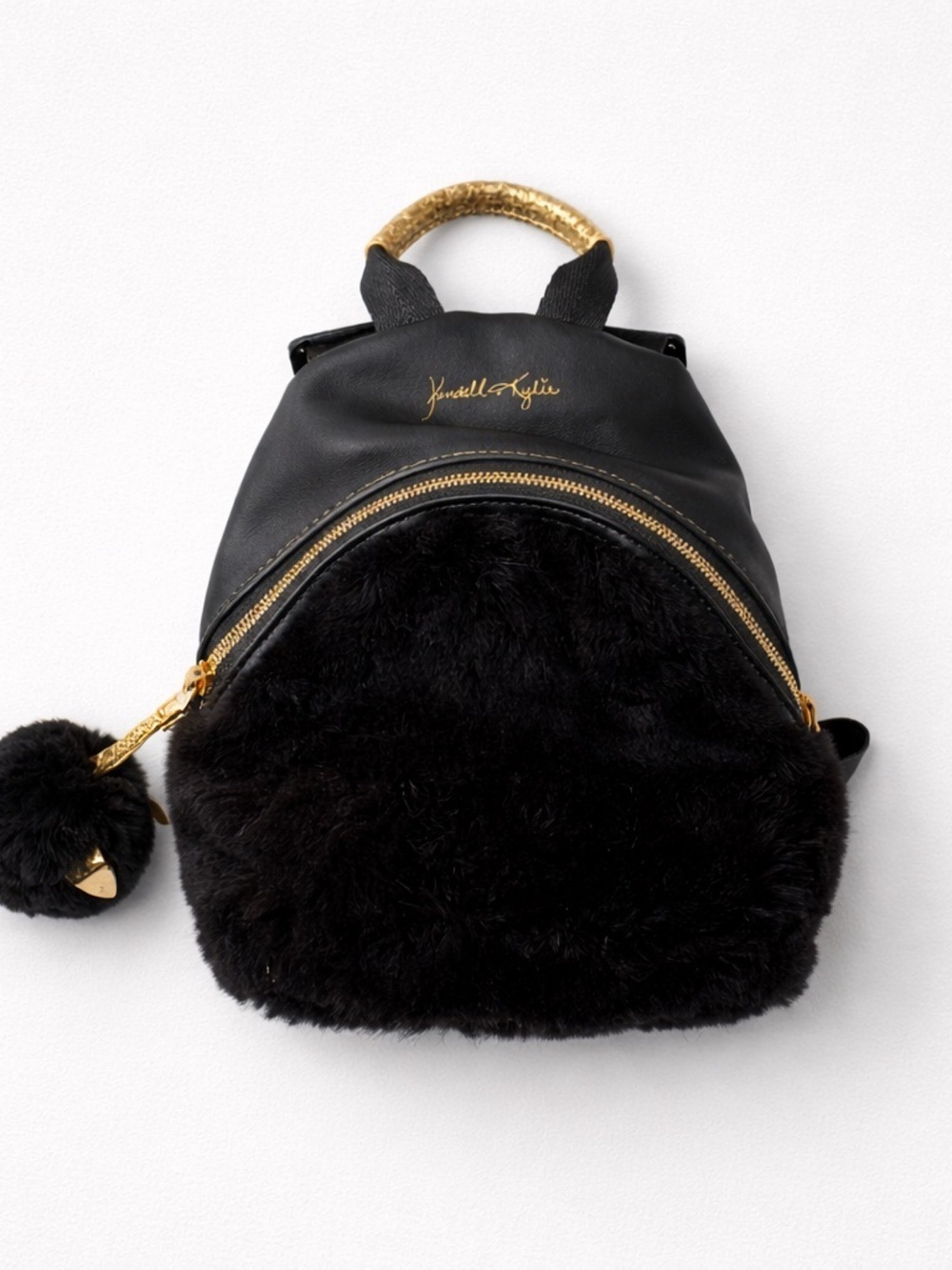 Kendall & Kylie Black Faux Fur Vegan Leather Backpack with Gold Accents